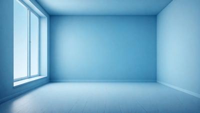 The primary subject of the image is a large, empty room with a blue wall. The setting is a white room with a window, and the visual style is a photo. The dominant colors are blue and white, creating a calm and serene atmosphere.