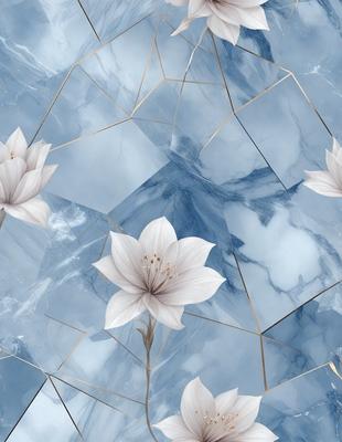 The primary subject of the image is a close-up of a white flower with a gold center, surrounded by a blue and white marbled background. The visual style appears to be a combination of photo and digital art, creating a unique and artistic representation of the flower. The colors and mood of the image are predominantly white and blue, with a touch of gold, giving it a serene and calming atmosphere.