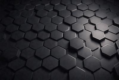 The primary subject of the image is a black and white patterned surface, which appears to be a black tile or a black and white checkered pattern. The setting is a dark room, and the visual style is a close-up of the pattern. The colors and mood of the image are predominantly dark and moody, with the black and white pattern creating a sense of depth and contrast.