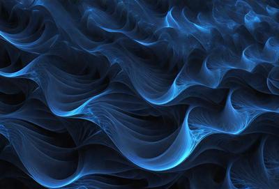 The primary subject of the image is a blue, swirling, and flowing pattern. The setting is a dark background, which contrasts with the blue pattern. The visual style is a digital art or illustration, creating a dynamic and captivating scene. The dominant colors are blue, with some black and white elements, giving the image a calming and serene atmosphere.