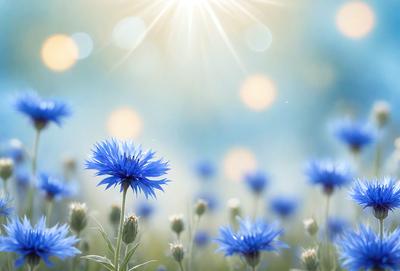 Primary subject: A blue flower with a green stem.

Setting/background: A field of grass with sunlight shining through.

Visual style: A photo of a single blue flower in a field.

Colors and mood: The dominant colors are blue and green, with a warm and serene atmosphere.