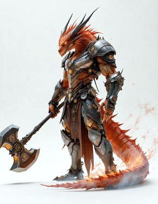 The primary subject of the image is a fantasy creature, possibly a dragon or a similar creature, with a fiery tail. The creature is wearing a suit of armor, which adds to its intimidating appearance. The setting is a white background, which provides a clean and uncluttered environment for the creature to be displayed. The visual style of the image is digital art, as it is a well-crafted and detailed illustration. The colors and mood of the image are predominantly dark and dram