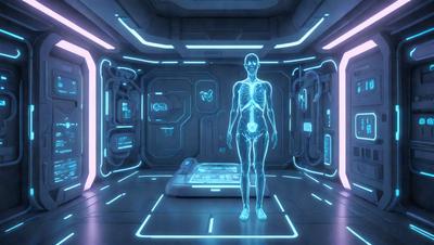The primary subject of the image is a skeleton, which is the main object, scene, or focus of the image. The skeleton is standing in a futuristic, neon-lit room, which serves as the setting or background. The visual style of the image is digital art, as it is a computer-generated or digitally created image. The dominant colors and overall atmosphere of the image are blue and purple, giving it a futuristic and otherworldly appearance.