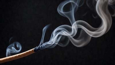 The primary subject of the image is a lit cigarette, which is the main focus of the scene. The setting is a dark background, likely a nighttime or indoor environment. The visual style appears to be a photo, capturing the cigarette's glow and smoke. The colors in the image are predominantly dark, with the lit cigarette being the main source of light and creating a moody atmosphere.