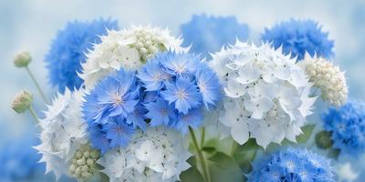 The primary subject of the image is a bouquet of blue and white flowers. The flowers are arranged in a vase, creating a visually appealing display. The setting is a garden, with a blue sky in the background. The visual style of the image is a photo, capturing the beauty of the flowers and their surroundings. The colors and mood of the image are predominantly blue and white, giving it a serene and calming atmosphere.