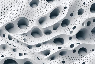 The primary subject of the image is a white, textured surface that resembles a honeycomb or a series of connected white dots. The setting is a close-up view of the surface, showcasing its intricate pattern. The visual style is a combination of digital art and illustration, creating a unique and interesting design. The colors and mood of the image are predominantly white, giving it a clean and minimalist appearance.