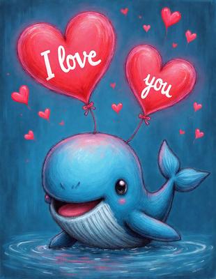 The primary subject of the image is a whale with a heart-shaped balloon on its head and another balloon on its tail. The whale is smiling and appears to be happy. The setting is a blue background, which adds to the overall mood of the image. The visual style is a combination of digital art and illustration, creating a playful and cheerful atmosphere.
