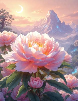 Primary subject: A bouquet of pink flowers with green leaves.

Setting/background: A mountainous landscape with a sunset in the background.

Visual style: Digital art.

Colors and mood: The flowers are predominantly pink, and the overall atmosphere is serene and picturesque.