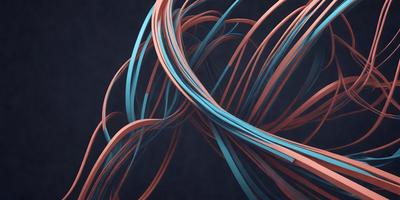 The primary subject of the image is a close-up of a blue and red twisted cord. The setting is a dark background, which contrasts with the vibrant colors of the cord. The visual style is a digital art or illustration, as the cord appears to be a digital creation. The dominant colors are blue and red, creating a bold and striking appearance.