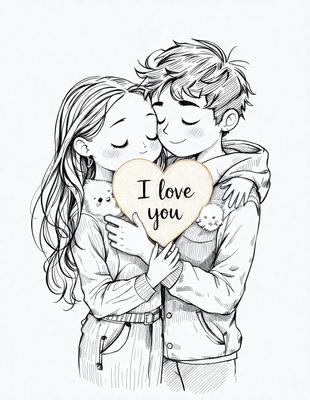 The image features a man and a woman hugging each other, with the woman holding a heart-shaped sign that reads "I love you." The scene is set in a white background, giving it a clean and simple appearance. The visual style is a hand-drawn illustration, which adds a touch of warmth and personality to the image. The primary subject is the couple embracing each other, and the colors and mood convey a sense of love and affection.