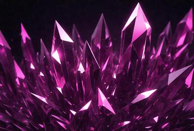 The primary subject of the image is a large, purple crystal structure. The setting is a dark, purple background, which contrasts with the bright, pink crystals. The visual style appears to be a combination of digital art and illustration, creating a unique and eye-catching design. The colors and mood of the image are predominantly purple and pink, giving it a vibrant and lively atmosphere.