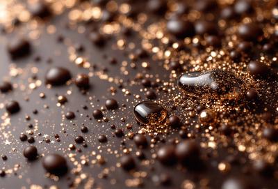 The primary subject of the image is a close-up of a dark surface with gold glitter or gold specks on it. The setting appears to be a black background, and the visual style is a close-up of the glittery surface. The colors and mood of the image are predominantly dark and glittery, with the gold glitter adding a touch of brightness and shine to the scene.