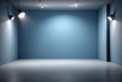 The primary subject of the image is a large, empty room with a blue wall. The setting is a white room with a blue wall, and the visual style is a photo. The colors and mood of the image are predominantly blue, creating a calm and serene atmosphere.
