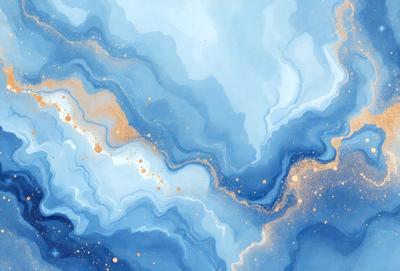 The primary subject of the image is a blue and gold painting of a waterfall. The setting is a blue and white background, and the visual style is a digital art or illustration. The dominant colors are blue and gold, creating a serene and calming atmosphere.