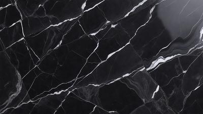 The primary subject of the image is a marble countertop with a black and white pattern. The setting is a kitchen, and the visual style is a close-up of the marble countertop. The colors and mood of the image are predominantly black and white, giving it a classic and elegant appearance.
