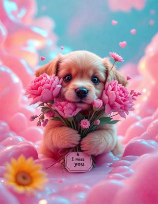 The primary subject of the image is a small, cute dog holding a bouquet of pink flowers. The dog is positioned in the center of the image, and the flowers are scattered around it. The setting appears to be a pink background, which adds to the overall mood of the scene. The visual style of the image is a combination of photo and digital art, creating a whimsical and charming atmosphere.