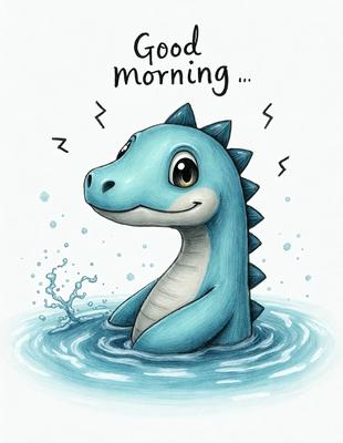 The primary subject of the image is a cartoon-like blue dinosaur, likely a baby, sitting in a body of water. The setting is a water surface, possibly a lake or a pond. The visual style is a combination of digital art and illustration, creating a whimsical and playful atmosphere. The colors are predominantly blue, with some white and possibly other colors, depending on the specific dinosaur species. The overall mood of the image is light-hearted and fun, as it features a