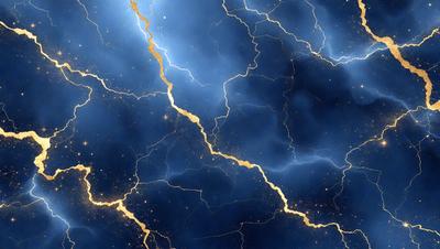 The primary subject of the image is a blue sky with a gold lightning bolt streaking through it. The setting is a night sky, and the visual style is a digital art or illustration. The dominant colors are blue and gold, creating a sense of motion and energy in the scene.
