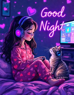 The primary subject of the image is a young girl sitting on a bed, wearing pajamas and headphones. She is playing a video game, likely on a Nintendo Wii console, as she is holding a Wii remote. The setting is a cozy bedroom, with a TV visible in the background. The visual style is a digital art or illustration, creating a warm and inviting atmosphere. The colors are predominantly pink, which adds to the overall mood of the scene.