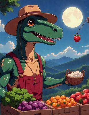 The primary subject of the image is a cartoon dinosaur, specifically a green alligator, holding a basket of fruit. The setting is a lush green forest, with a moon visible in the background. The visual style is a digital art or illustration, creating a whimsical and playful atmosphere. The dominant colors are green, white, and orange, with the green alligator being the main focus of the scene.