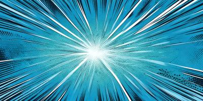The primary subject of the image is a bright, white light, which appears to be a light source or a star. The light is surrounded by a blue background, giving the scene a vibrant and dynamic feel. The visual style of the image is digital art, as it is a comic book-like illustration. The colors and mood of the image are predominantly blue and white, creating a sense of energy and movement.