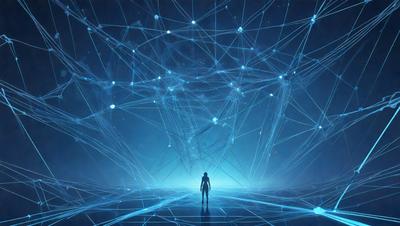 The primary subject of the image is a person standing in a blue, geometric environment. The setting appears to be a futuristic, digital art-like space with a blue background. The visual style of the image is a combination of photo and digital art, creating a unique and intriguing atmosphere. The dominant colors in the image are blue and white, which contribute to the futuristic and technological mood.