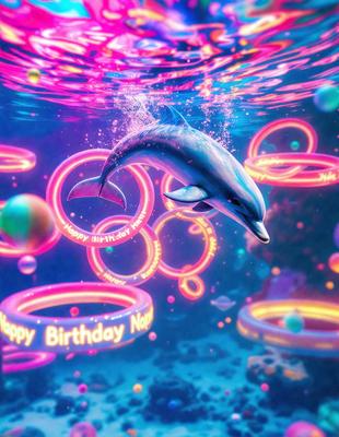 The primary subject of the image is a dolphin, which is swimming in a colorful underwater environment. The setting includes a variety of colorful balls and circles, creating a vibrant and lively atmosphere. The visual style of the image is digital art, as it appears to be a computer-generated or digitally edited scene. The dominant colors in the image are pink, blue, and green, giving the scene a cheerful and playful mood.
