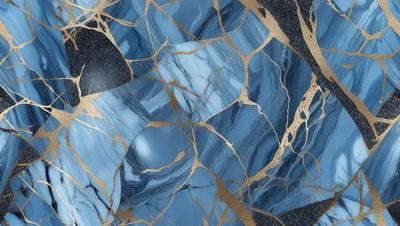 The primary subject of the image is a blue marble countertop with gold veins. The setting is a kitchen, and the visual style is a close-up of the countertop. The dominant colors are blue and gold, creating a luxurious and elegant atmosphere.