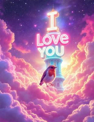 The primary subject of the image is a small bird perched on a cloud. The bird is surrounded by a pink and purple cloudy background, which adds a whimsical and dreamy atmosphere to the scene. The visual style of the image is a combination of digital art and illustration, creating a vibrant and colorful composition. The colors and mood of the image are predominantly pink and purple, giving it a warm and inviting feel.