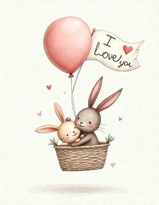 The primary subject of the image is a cute cartoon bunny holding a smaller bunny in its arms. The setting is a grassy area, and the visual style is a digital illustration. The colors are predominantly pink and white, creating a warm and loving atmosphere.