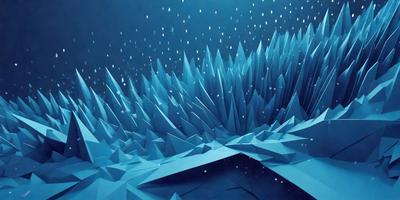 The primary subject of the image is a large, blue, three-dimensional structure that resembles a mountain or a series of stacked blue triangles. The setting is a dark, blue sky, which creates a dramatic contrast with the blue structure. The visual style of the image is a combination of digital art and illustration, giving it a unique and artistic appearance. The dominant colors in the image are blue and black, creating a moody and atmospheric mood.