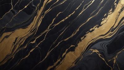 The primary subject of the image is a marble countertop with a gold-colored design. The setting is a kitchen, and the visual style is a close-up of the marble countertop. The colors and mood of the image are predominantly gold and black, creating a luxurious and elegant atmosphere.