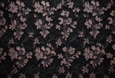 The primary subject of the image is a black and white lace pattern. The setting is a black background, and the visual style appears to be a pattern or texture. The dominant colors are black and white, creating a classic and elegant atmosphere.