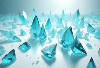 The primary subject of the image is a large number of blue crystals or glass pieces, which are scattered across a white surface. The setting appears to be a white background, which contrasts with the blue crystals. The visual style of the image is a combination of photo and digital art, as it captures the intricate details of the crystals. The colors and mood of the image are predominantly blue, creating a sense of calmness and serenity.