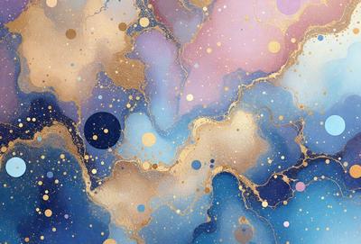 The primary subject of the image is a colorful, abstract painting featuring a mix of gold, blue, and purple hues. The setting is a wall, and the visual style appears to be a combination of digital art and illustration. The painting has a vibrant and lively atmosphere, with a focus on the gold and blue colors.