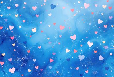 The primary subject of the image is a blue background with a large number of hearts scattered across it. The hearts come in various sizes and are positioned all over the background, creating a visually appealing and playful scene. The setting appears to be a digital art or illustration, as the hearts are arranged in a pattern and the overall atmosphere is lively and cheerful.