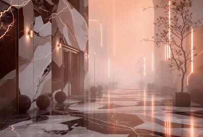 The primary subject of the image is a large, dark room with a long hallway. The setting is a building with a marble floor, and the visual style is a combination of photo and digital art. The room has a moody atmosphere, with a focus on the dark and the shadows. The colors in the image are predominantly dark, with some lighting coming from the windows. The overall mood of the image is mysterious and intriguing.