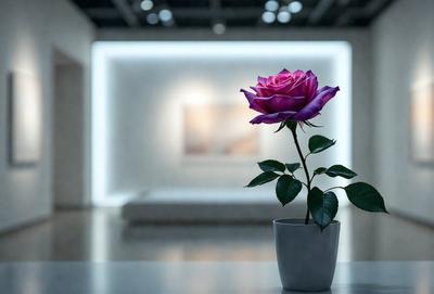 The primary subject of the image is a single pink rose in a white vase. The setting is a white table, and the visual style is a photo. The dominant colors are pink and white, creating a calm and serene atmosphere.