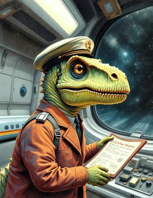 The primary subject of the image is a dinosaur, specifically a green lizard, wearing a hat and holding a clipboard. The setting is a spacecraft, with a window visible in the background. The visual style is a painting, which gives the image a unique and artistic appearance. The colors and mood of the image are predominantly green and earthy, creating a sense of adventure and exploration.