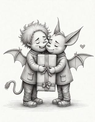 The image features two cartoon characters, a boy and a dragon, hugging each other while holding a present. The boy is on the left side of the image, and the dragon is on the right side. The scene is set in a room with a dining table visible in the background. The overall atmosphere of the image is warm and friendly, with the characters expressing affection towards each other.