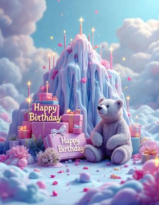 The primary subject of the image is a large, white teddy bear sitting on a pink surface. The setting is a cloudy sky, and the visual style is digital art. The colors and mood of the image are predominantly pink and happy, as it is a birthday celebration.