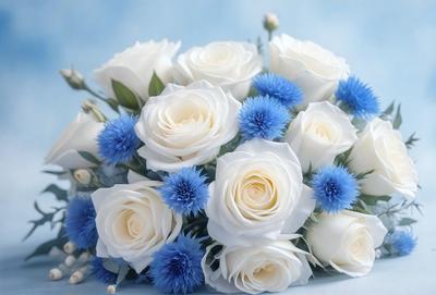 The primary subject of the image is a bouquet of white and blue flowers. The bouquet is placed on a table, and the flowers are arranged in a vase. The setting is a table with a blue background, and the visual style is a photo. The colors and mood of the image are predominantly white and blue, creating a calm and serene atmosphere.
