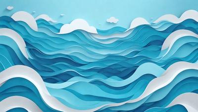 The primary subject of the image is a large, blue wave with white foam. The wave is depicted in a 3D style, giving it a dynamic and realistic appearance. The setting is a blue ocean, with the wave being the main focus of the scene. The visual style is a combination of digital art and illustration, creating a vibrant and engaging image. The dominant colors are blue and white, with the blue wave and white foam creating a sense of depth and movement.