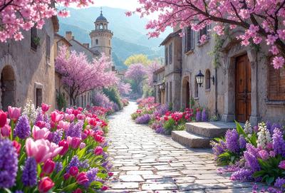 The primary subject of the image is a narrow alleyway lined with purple flowers, specifically tulips. The setting is a quaint village with a stone building and a clock tower in the background. The visual style is a photo, capturing the beauty of the alleyway and the flowers. The colors and mood of the image are predominantly purple, creating a serene and peaceful atmosphere.