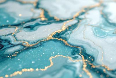 The primary subject of the image is a blue marble-like surface with gold streaks. The setting is a blue and white marble-like surface, and the visual style is a photo. The dominant colors are blue and gold, creating a serene and elegant atmosphere.