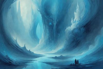 The primary subject of the image is a person standing in a vast, blue, and snowy landscape. The setting appears to be a frozen, icy environment with a large, blue-colored mountain in the background. The visual style of the image is a digital art or illustration, creating a sense of depth and intricacy in the scene. The colors and mood of the image are predominantly blue and cold, giving the impression of a chilly, icy world.