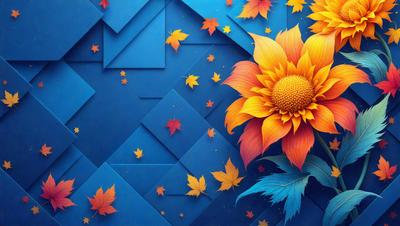 The primary subject of the image is a large, colorful sunflower with a yellow center and orange petals. The sunflower is placed against a blue background, which adds a vibrant contrast to the flower's colors. The visual style of the image is a combination of digital art and illustration, creating a vivid and eye-catching scene. The dominant colors in the image are blue, yellow, and orange, which contribute to a warm and cheerful atmosphere.