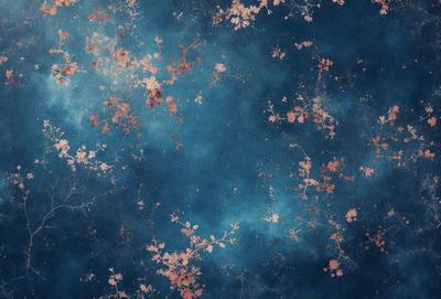 The primary subject of the image is a blue background with a pattern of flowers. The setting is a space with a blue sky, and the visual style appears to be a combination of a photo and digital art. The dominant colors are blue and pink, creating a calm and serene atmosphere.
