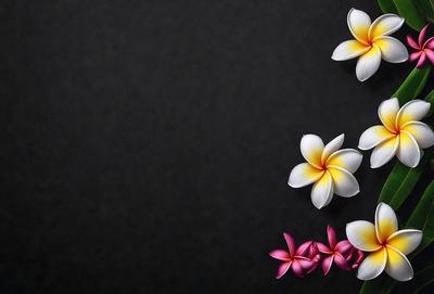 The primary subject of the image is a bouquet of white and pink flowers. The flowers are arranged in a visually appealing manner, with some of them placed on a black background. The setting appears to be a studio or a controlled environment, as the flowers are carefully positioned and the background is consistent. The visual style of the image is a combination of photo and digital art, as it captures the beauty of the flowers while maintaining a clean and organized appearance. The colors and mood of the image are predominantly white