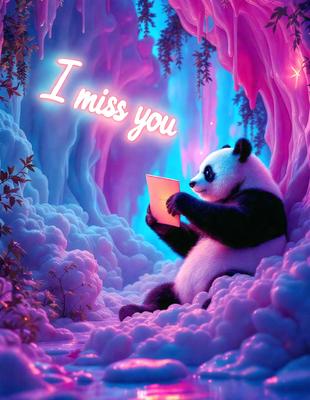 The primary subject of the image is a panda bear sitting on a cloud. The setting is a purple and pink environment, with the panda bear holding a tablet computer. The visual style is digital art, and the colors and mood are vibrant and whimsical.